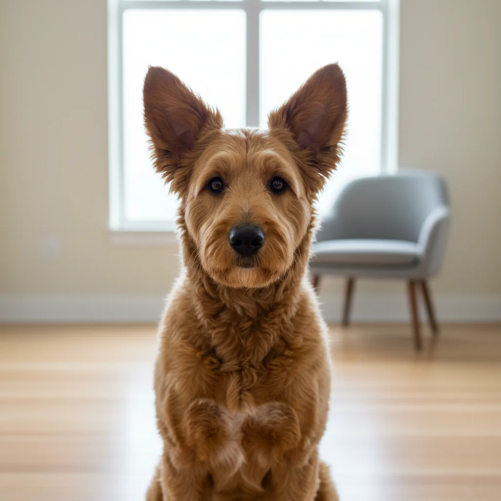 Dog sitting upright facing camera