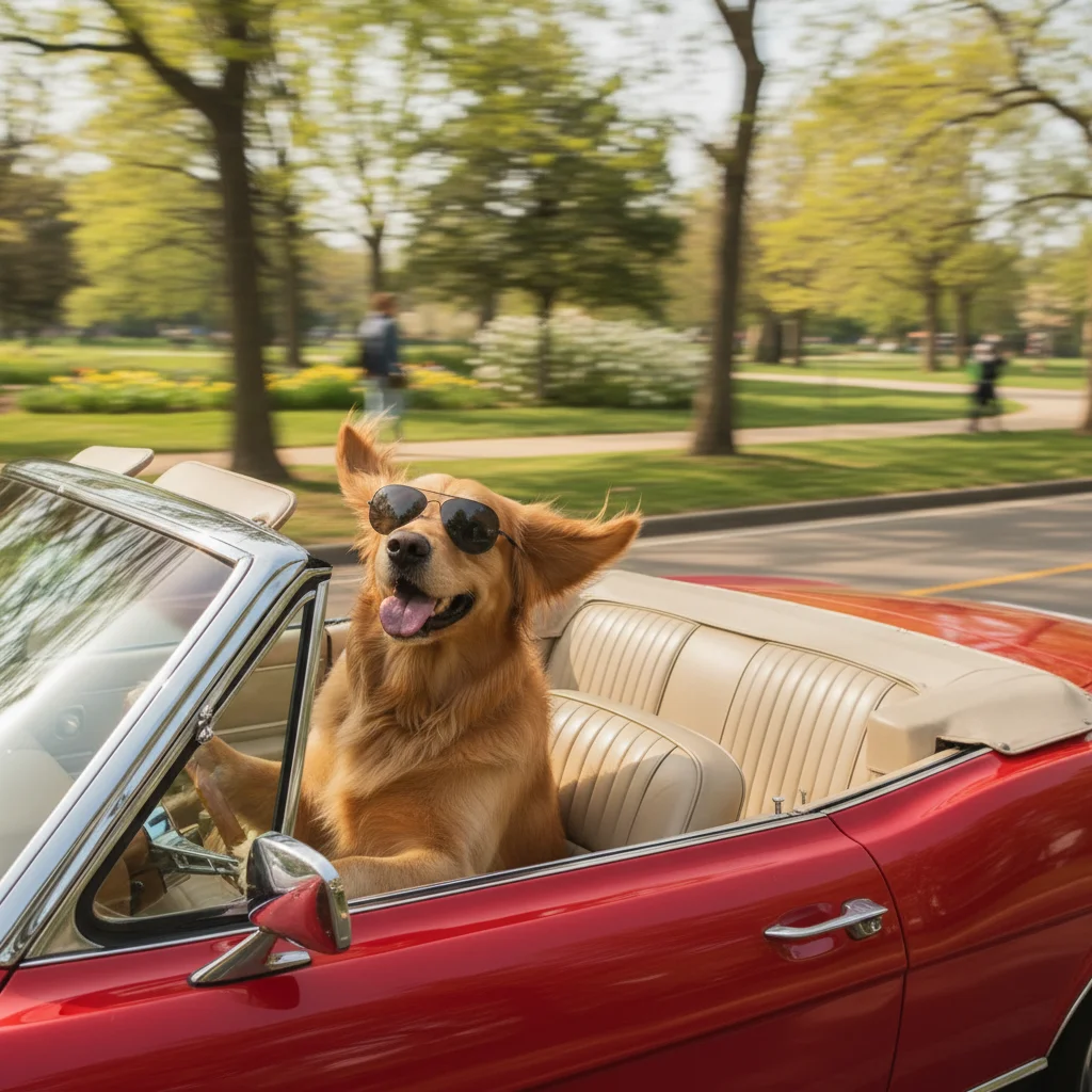 Same dog driving a convertible with sunglasses and wind in ears