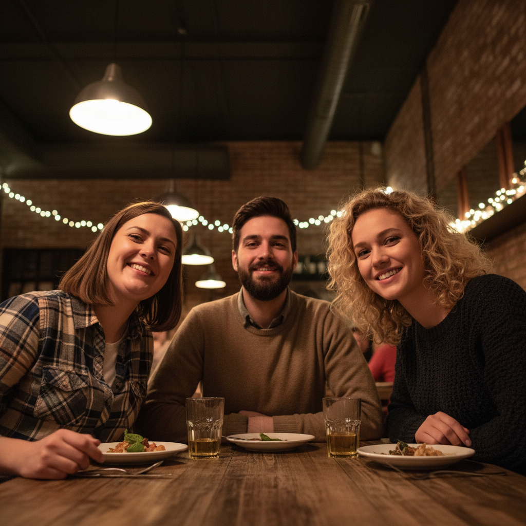 Group photo where one person has double chin from angle
