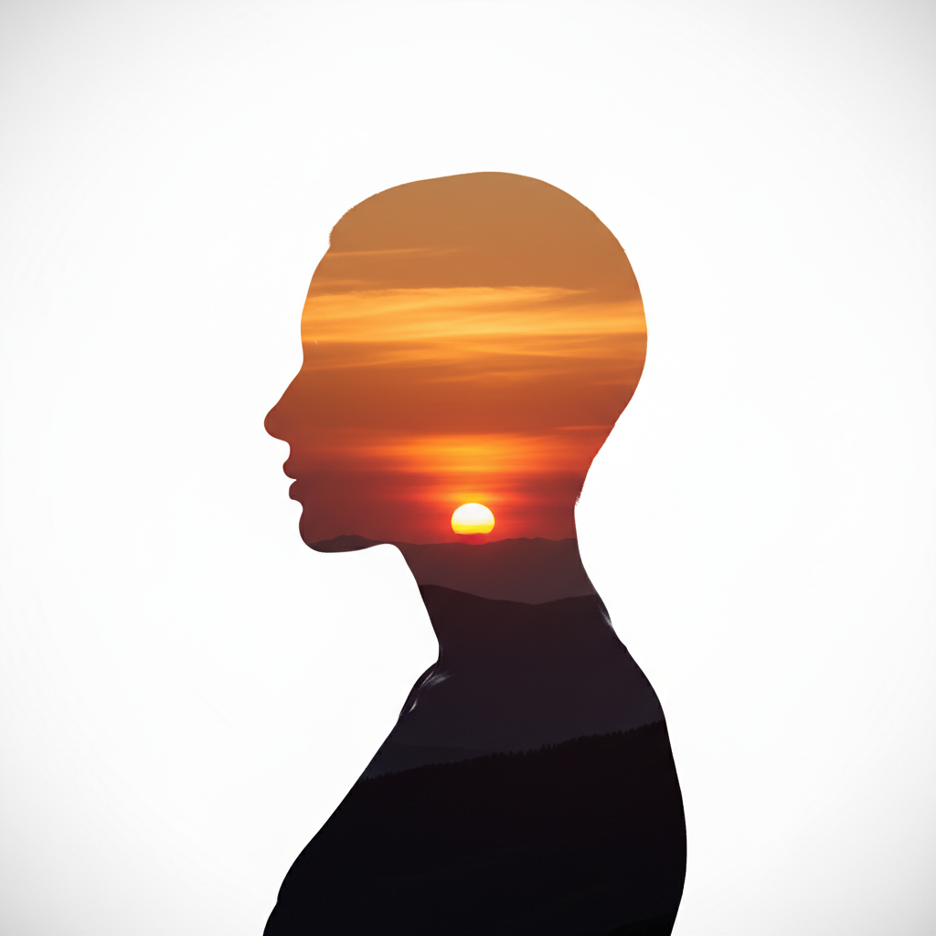 Double exposure silhouette filled with dramatic mountain sunset in warm amber and orange tones