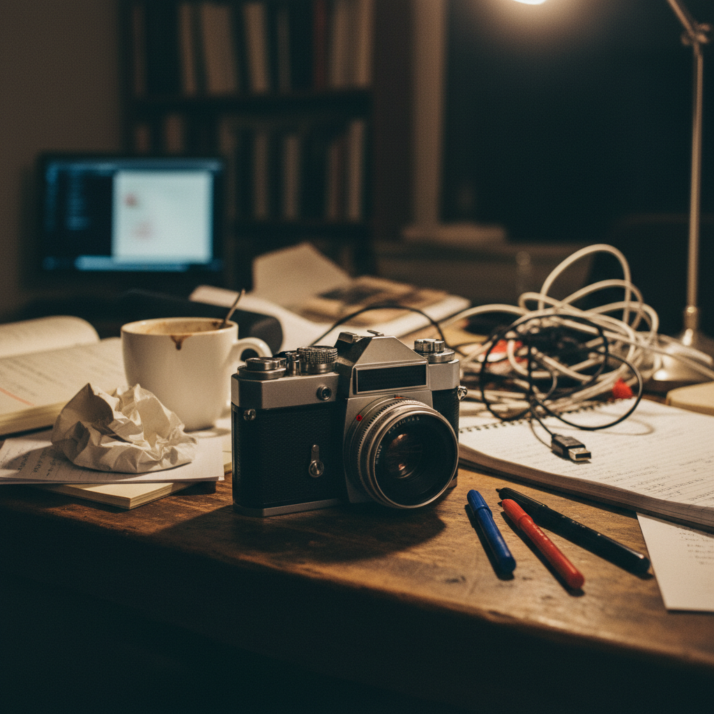 Vintage camera on cluttered desk with papers and cables