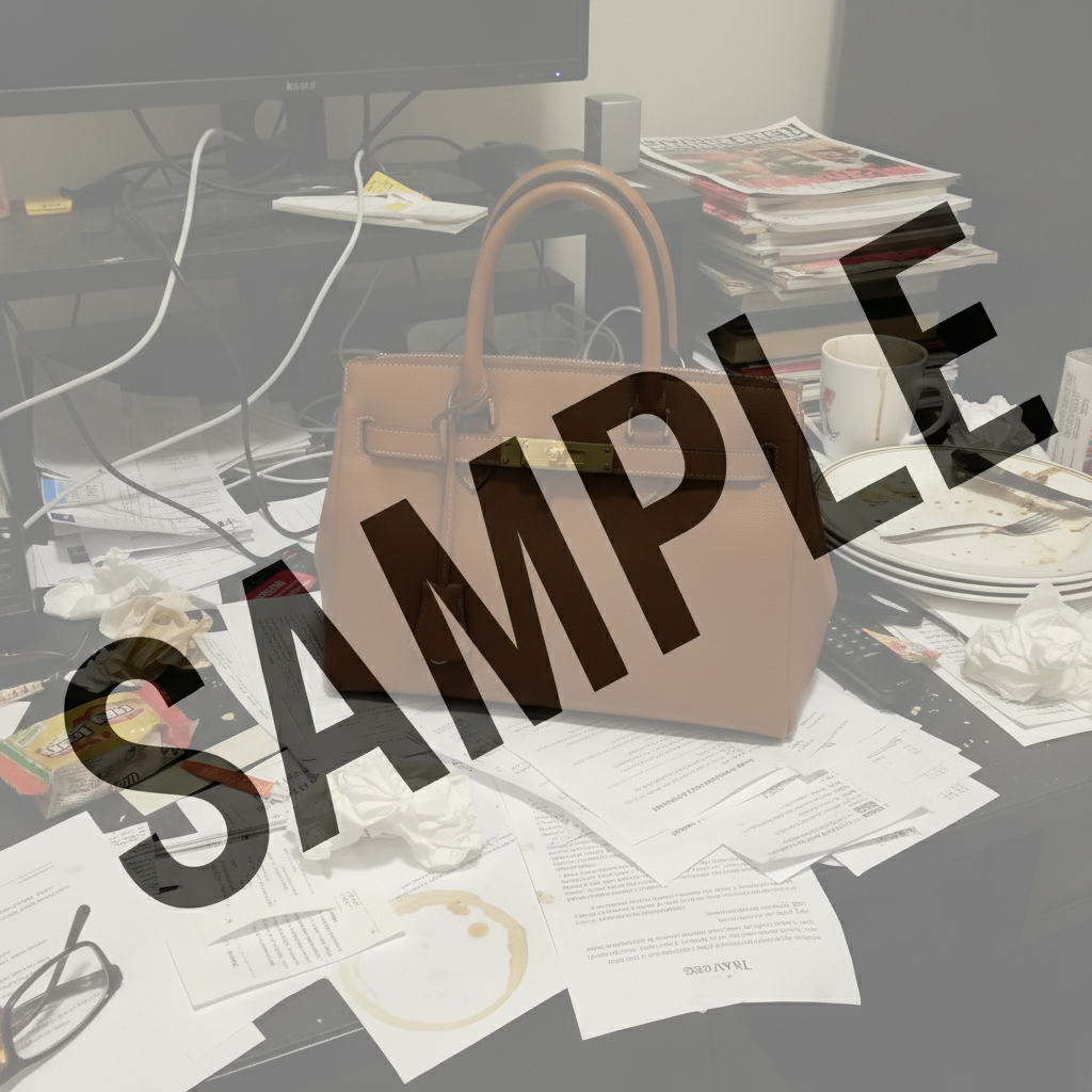 Designer handbag on bedroom carpet with household items visible