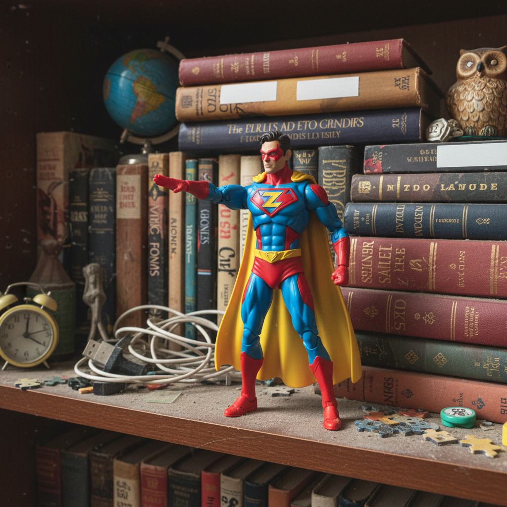 Action figure on cluttered bookshelf with books behind