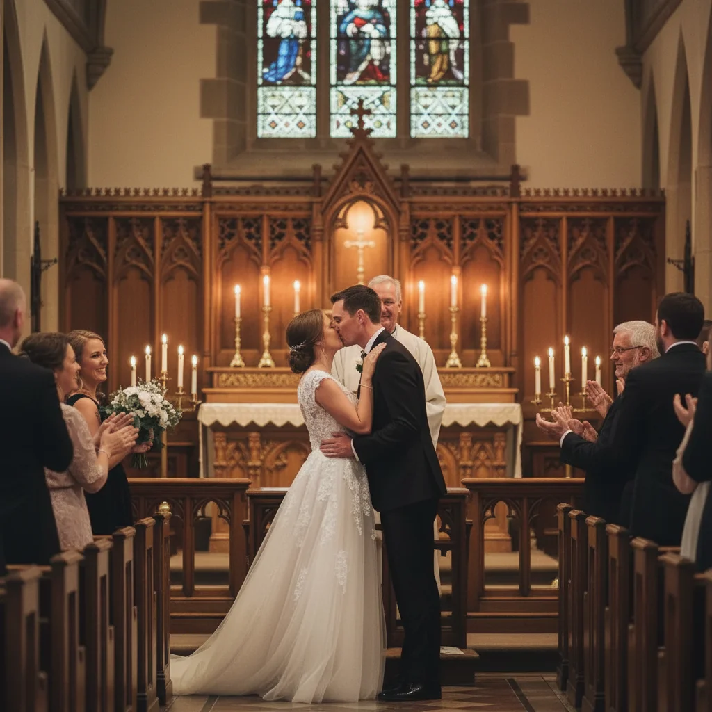 Same first kiss photo with exit sign cleanly removed and natural ceiling visible