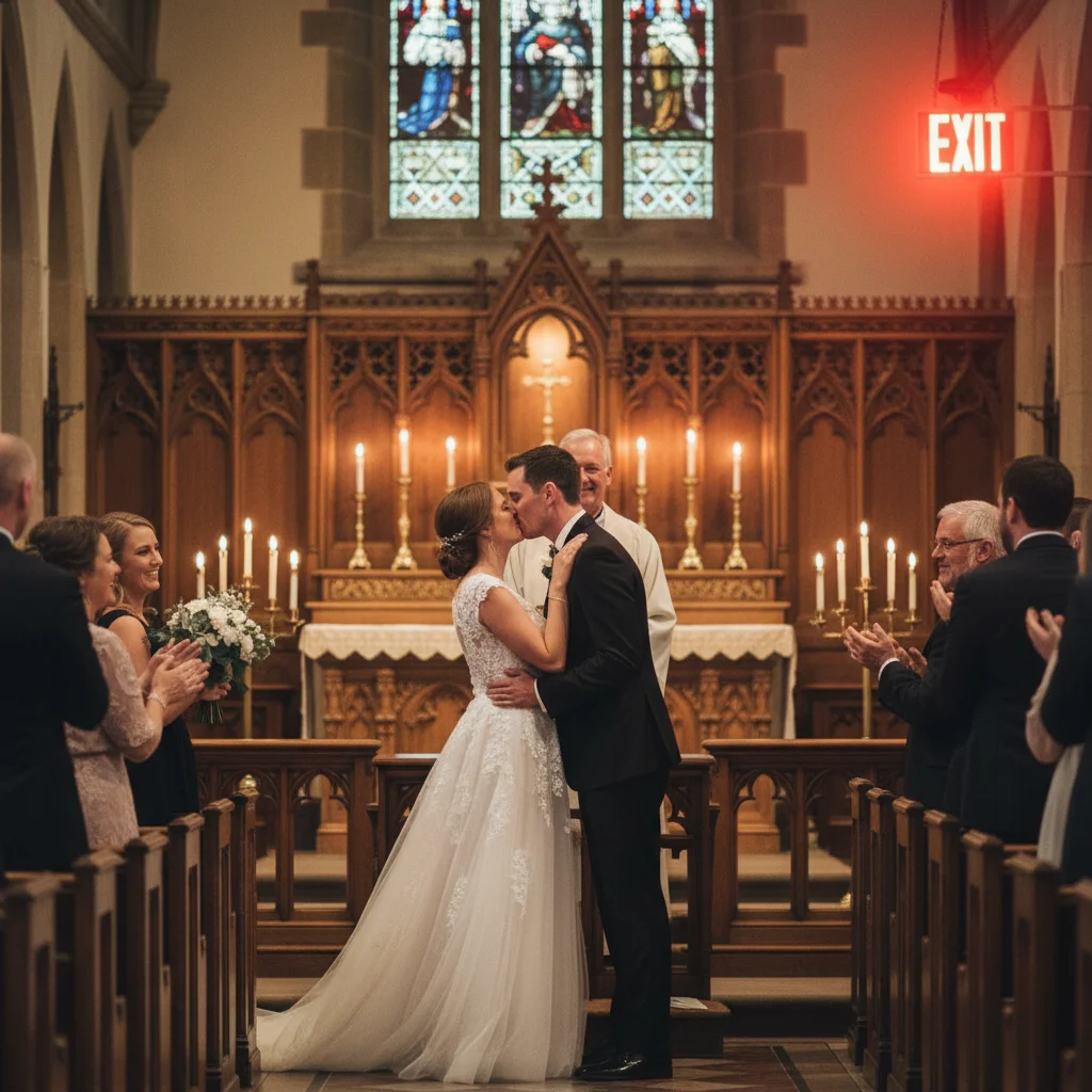 First kiss photo with distracting red EXIT sign above the couple