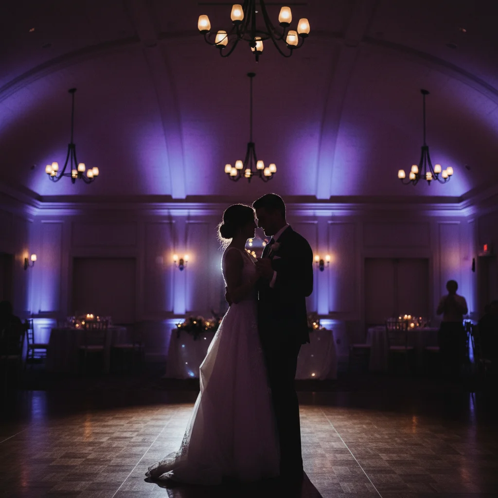 Dark reception dance photo with couple's faces barely visible in shadow