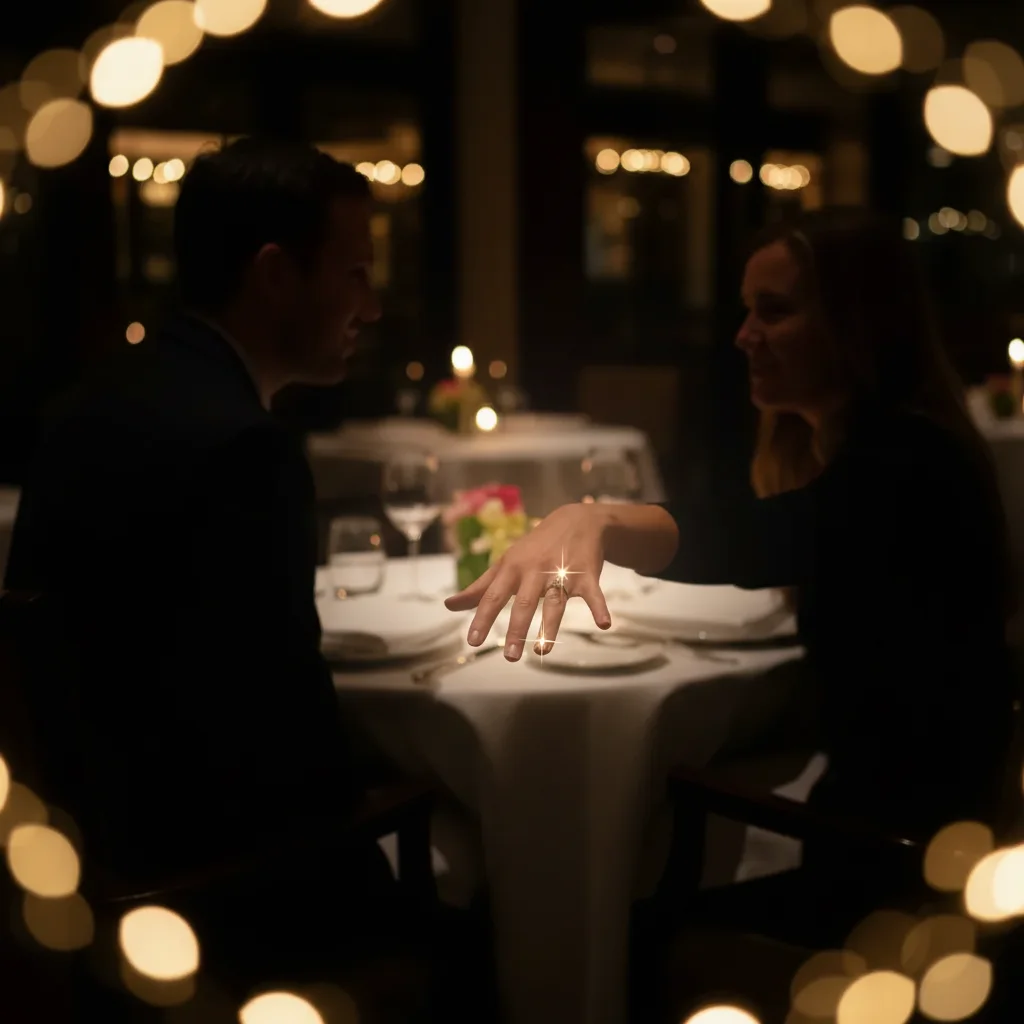 Brightened photo with visible ring, romantic lighting preserved