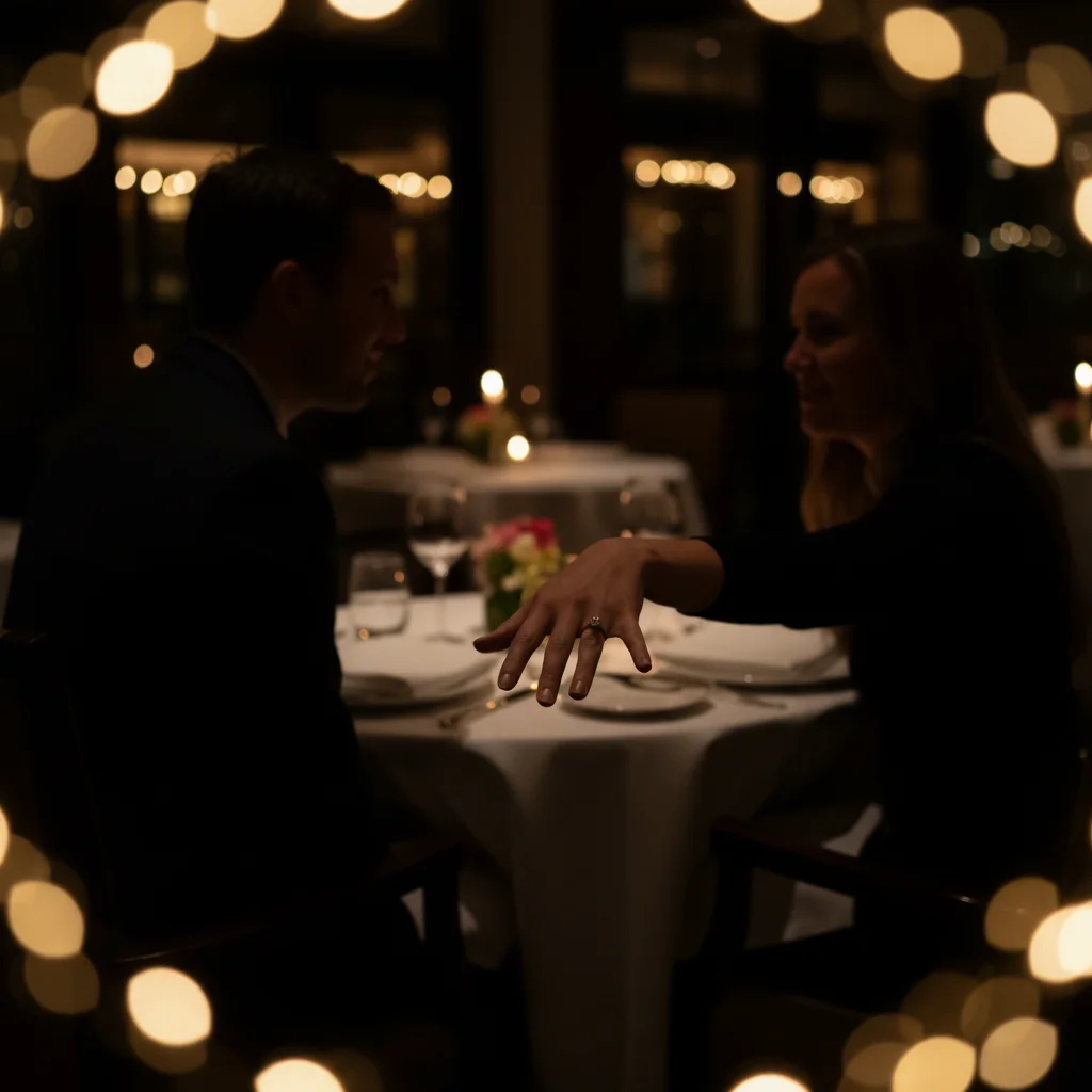 Dark restaurant engagement photo, ring not visible