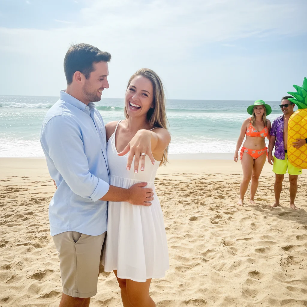Beach engagement photo with strangers in background