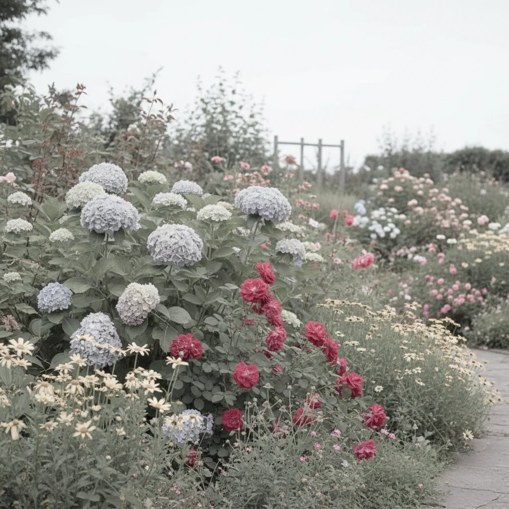 Garden with faded, washed-out flower colors