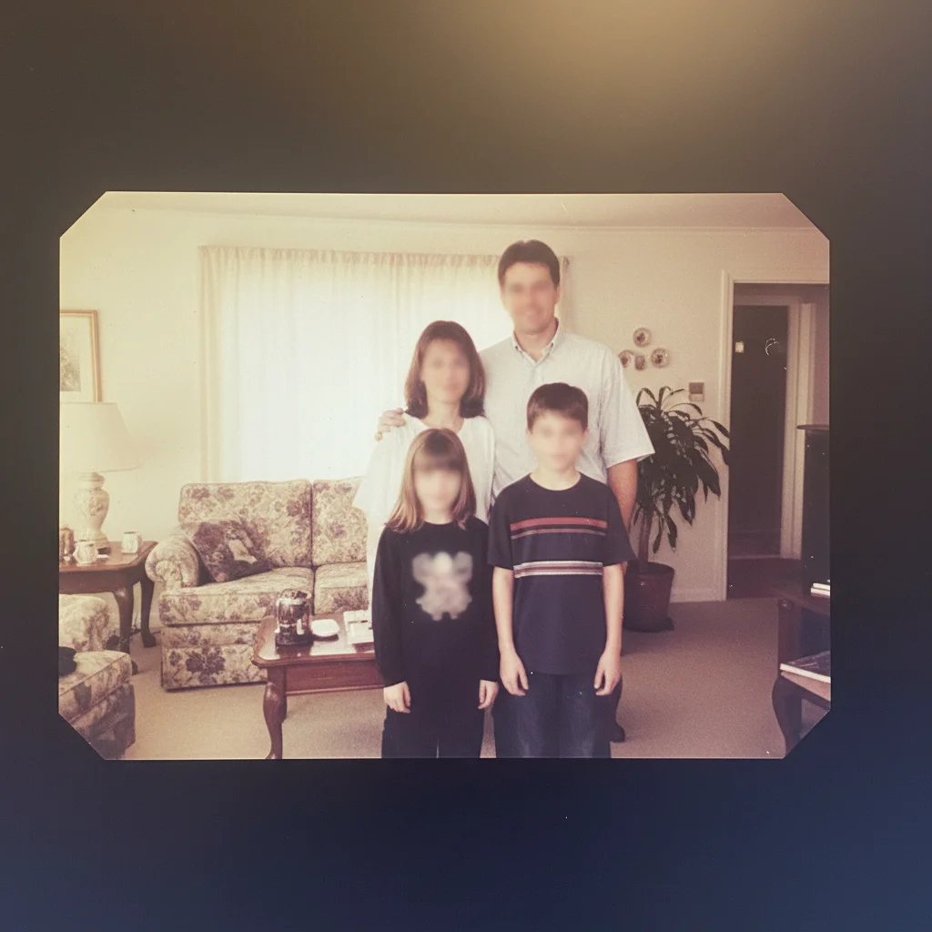 Faded 1990s family photo with soft facial features