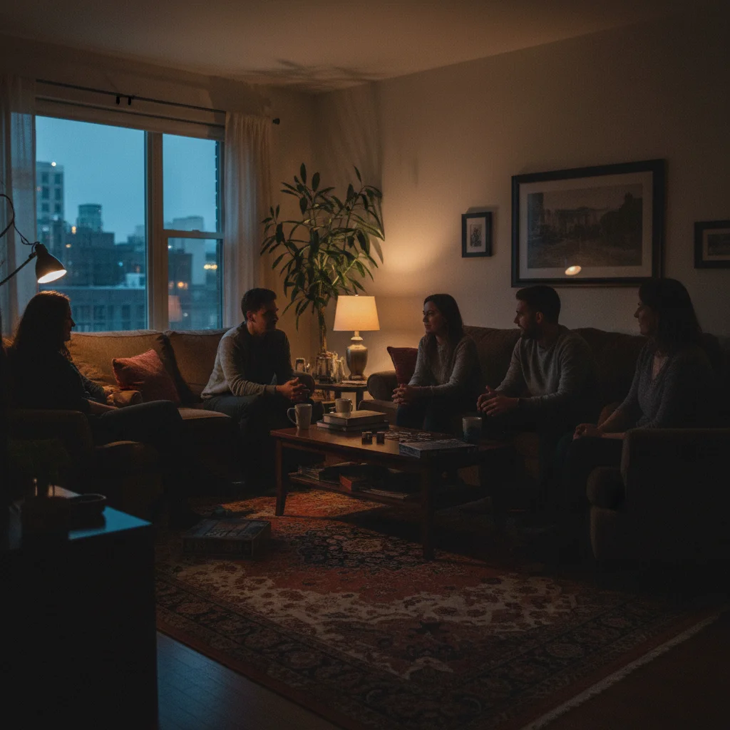 Dark living room photo with faces barely visible