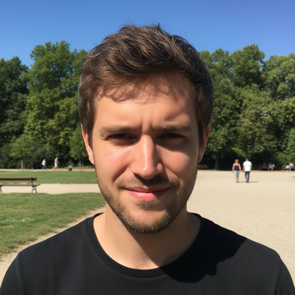 Portrait with harsh shadows creating dark areas under eyes and nose