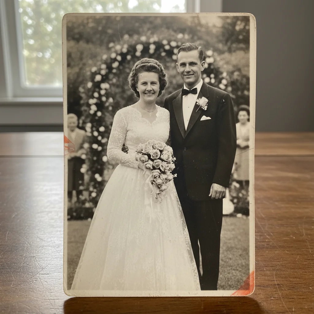 Restored wedding photo with scratches repaired and details preserved