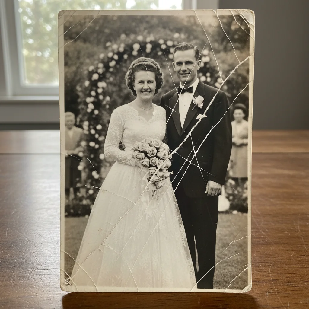 1950s wedding photo with visible scratches across faces