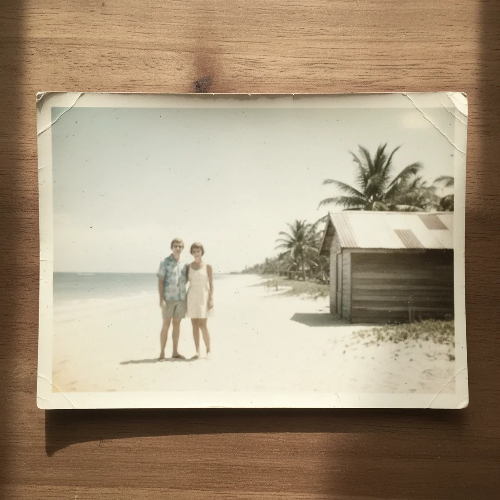 Faded beach photo with washed-out pink-shifted colors