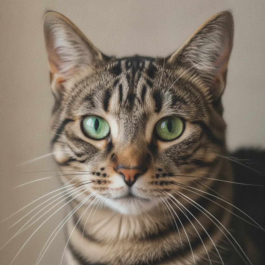 The same cat enlarged with reduced pixelation and its markings and whiskers preserved
