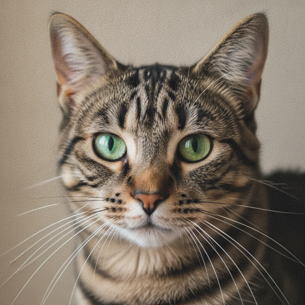 Small, pixelated cropped photo of a tabby cat's face