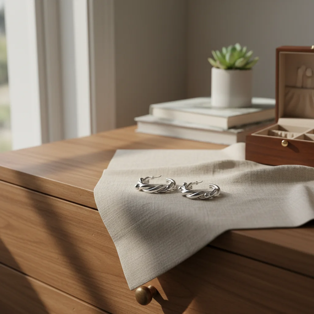 Handmade earrings on cluttered dresser