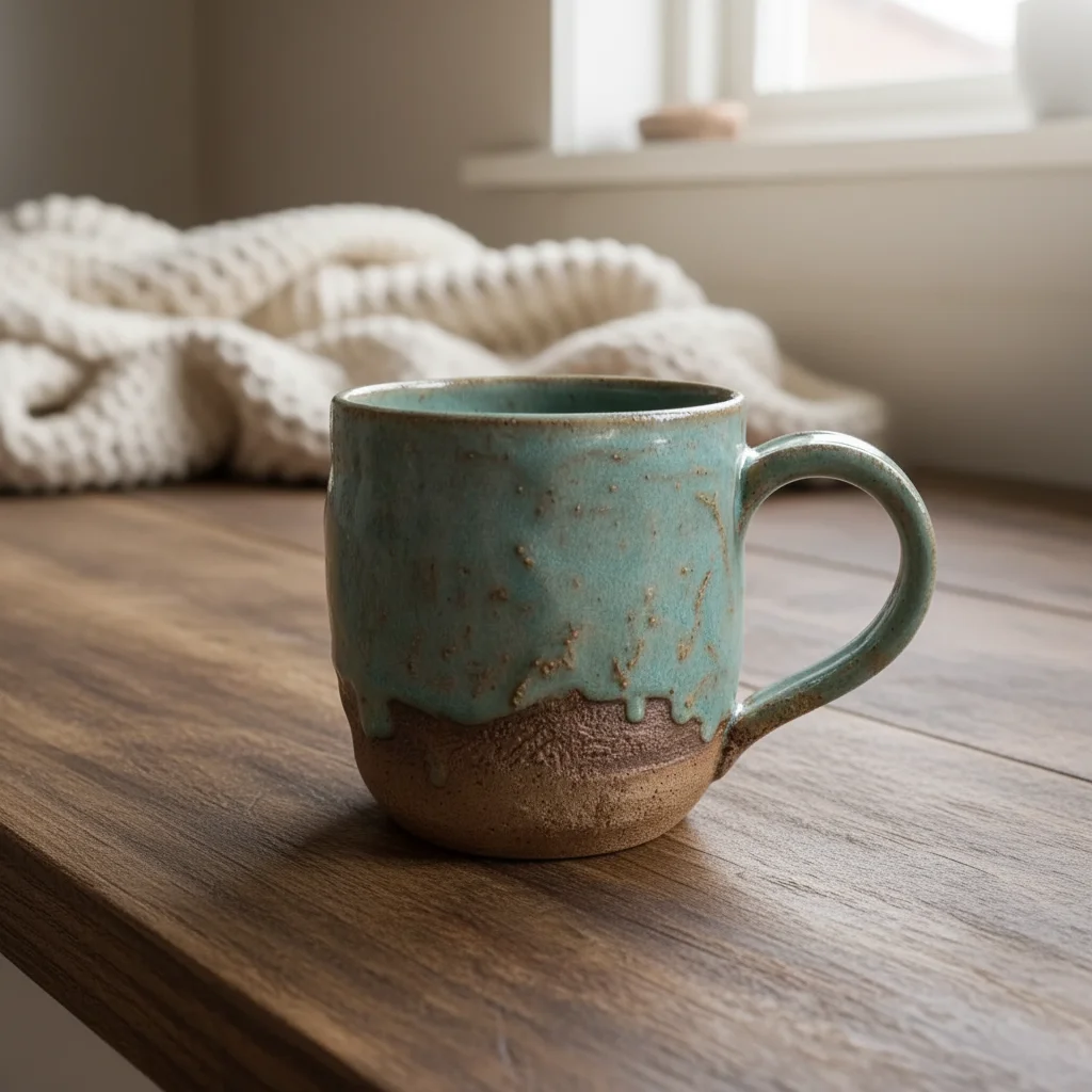 Same mug on rustic wood with cozy blanket background