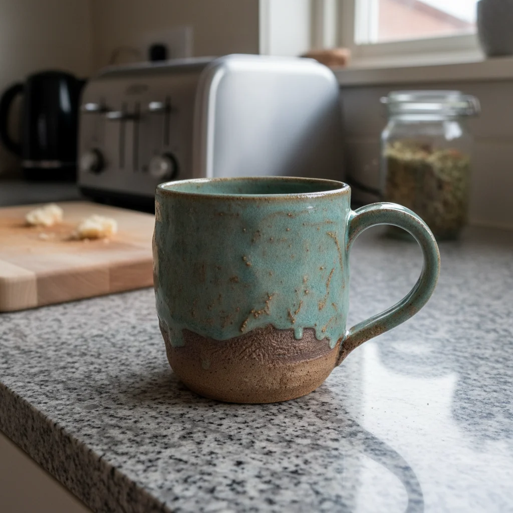 Handmade mug on plain kitchen counter