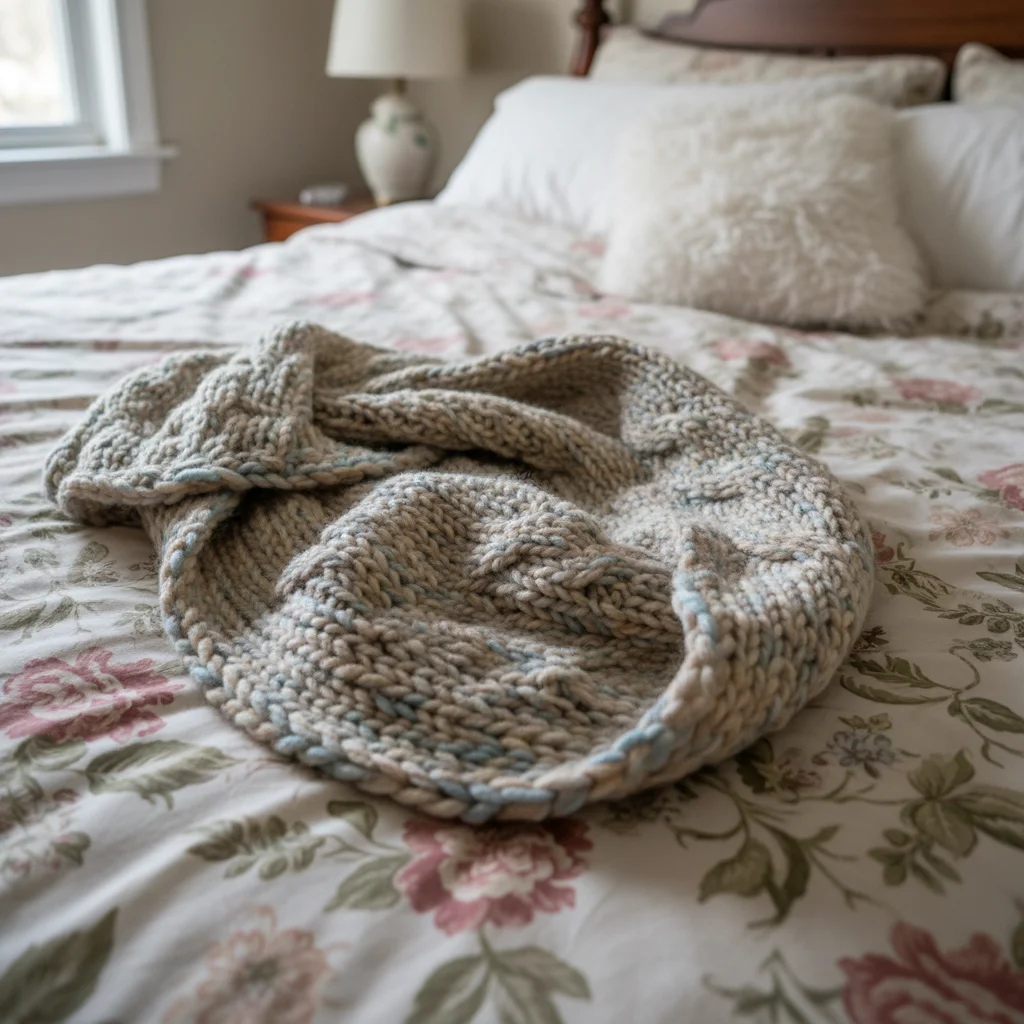 Knit scarf on patterned bedspread