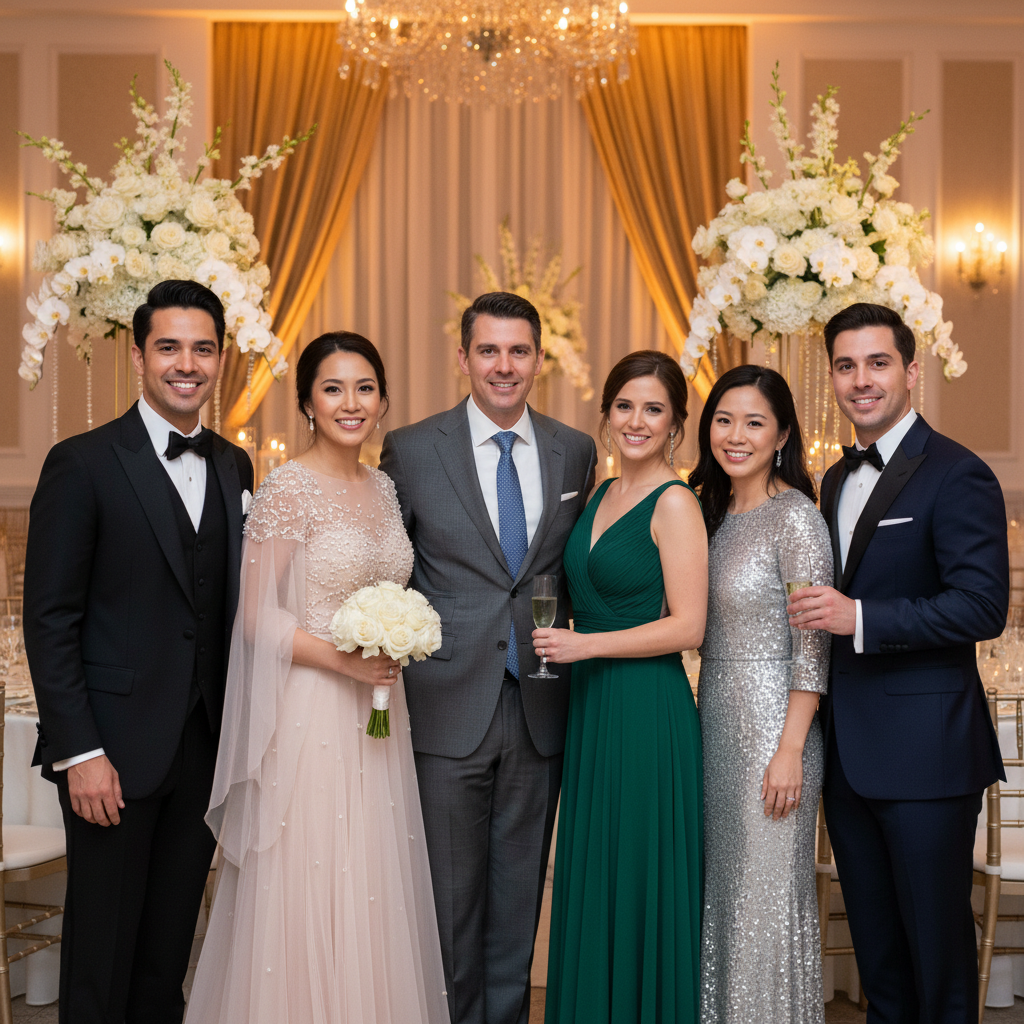 Wedding group photo with ex in black suit on left