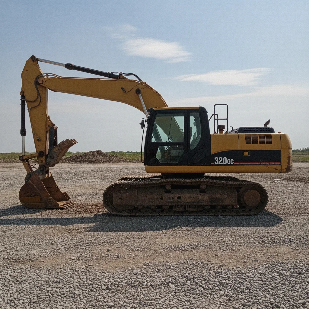 The same excavator on a clean dry gravel lot under a blue sky, with the pallets and cardboard box no longer in the frame