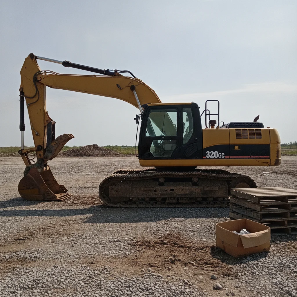 Used yellow excavator on a gravel lot in harsh sun with stacked pallets and a cardboard box on the ground beside the tracks