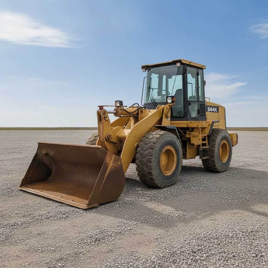The same wheel loader on dry gravel under a blue sky, with the portable toilet, scrap pile and tyre stack no longer in the frame