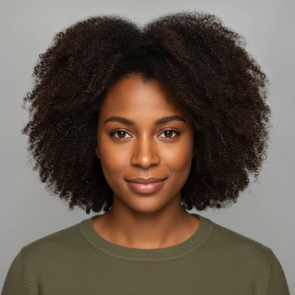 Studio portrait of her friend with natural curly hair and warm brown eyes