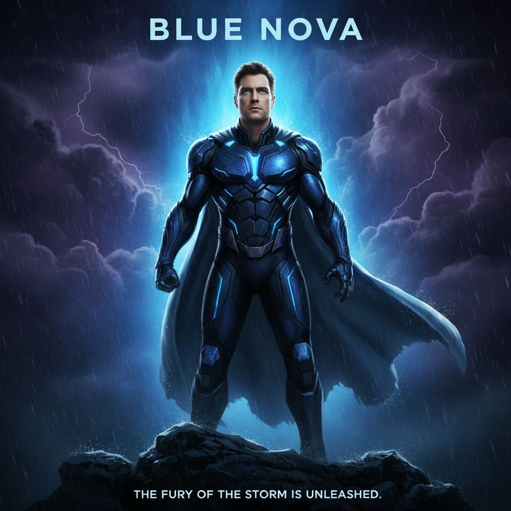 Same superhero movie poster with a real person's face on the hero, all text and lighting preserved