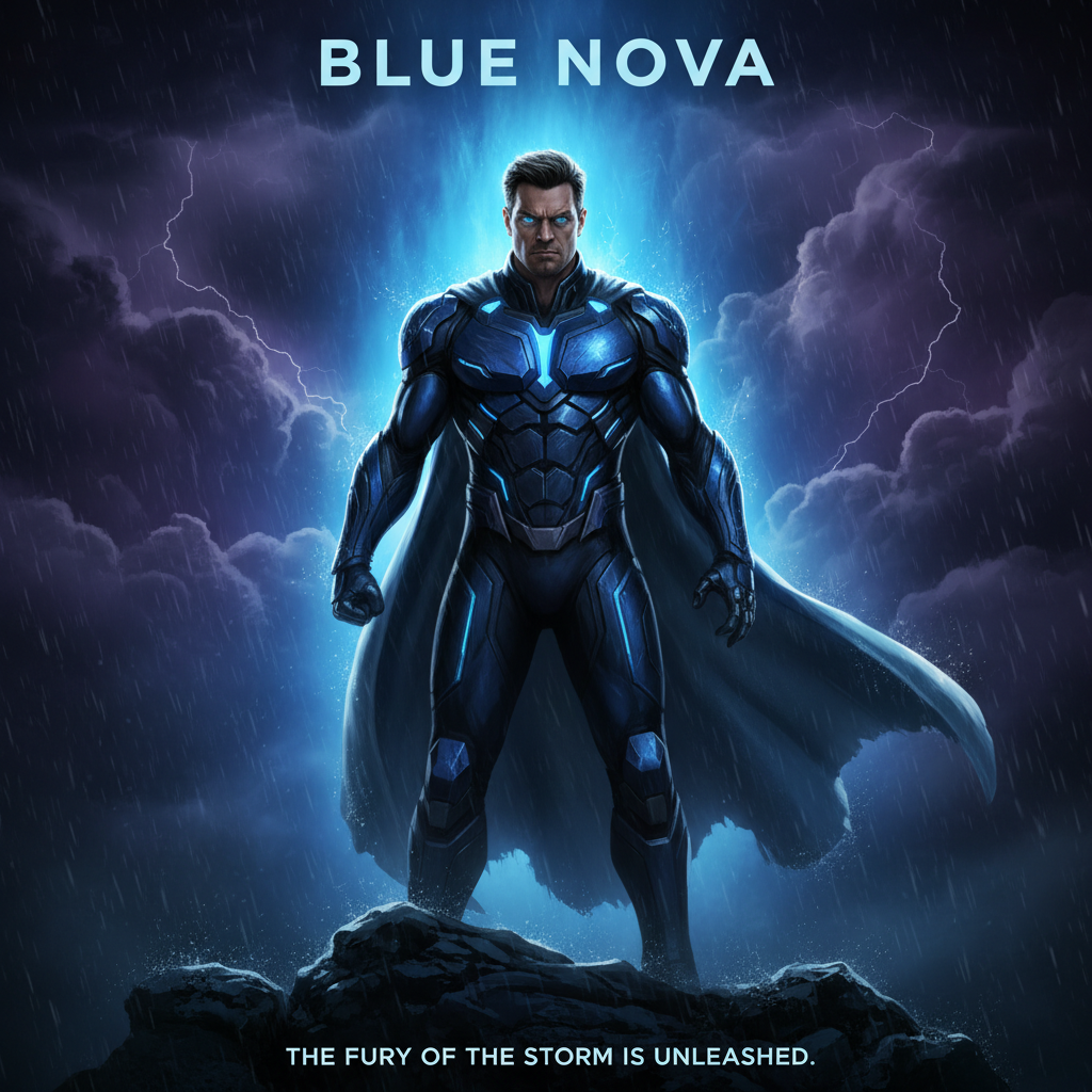 Stylized superhero movie poster with hero in armored suit and dramatic backlit glow