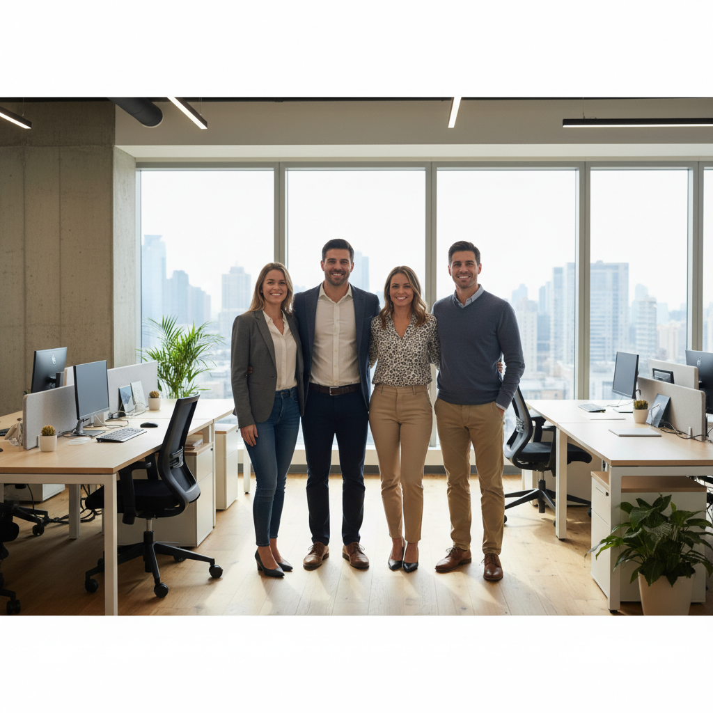 Wide Facebook cover with team centered and extended office background