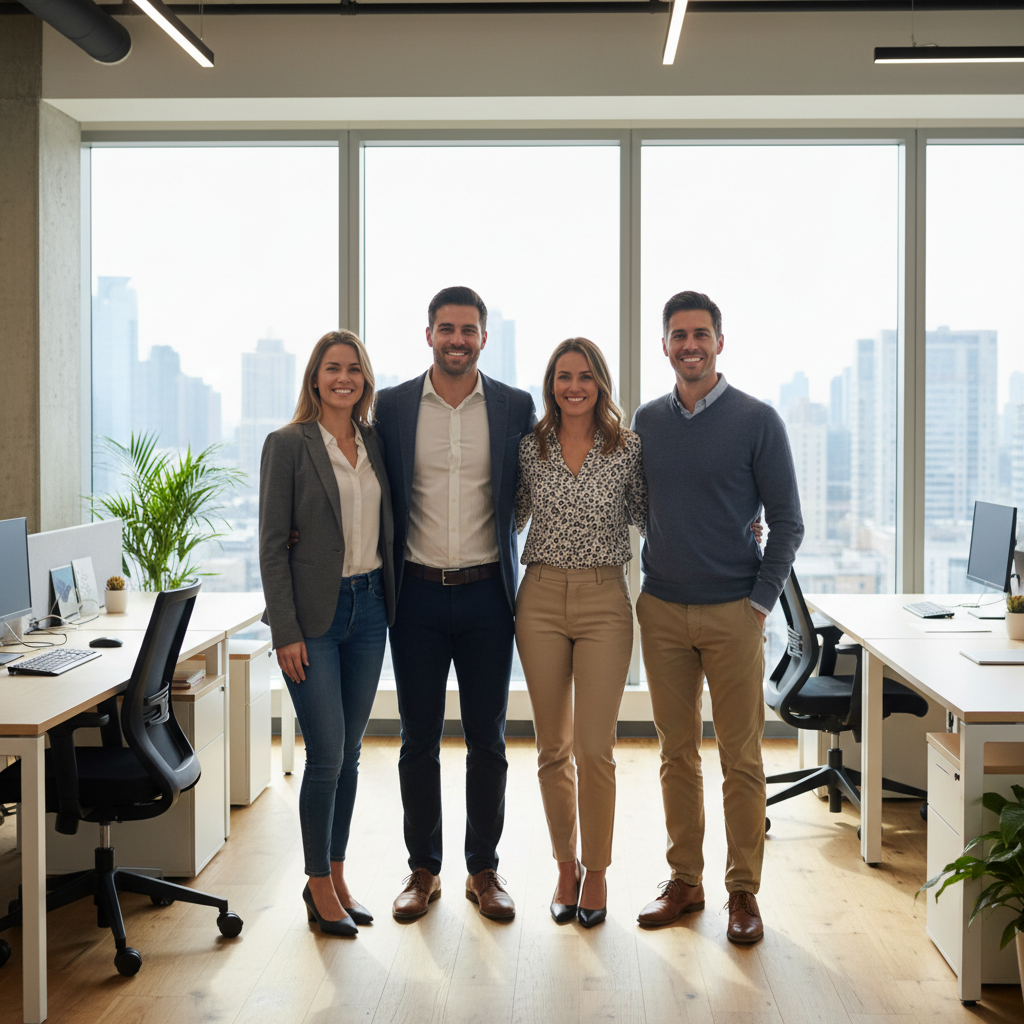 Vertical team photo in office setting