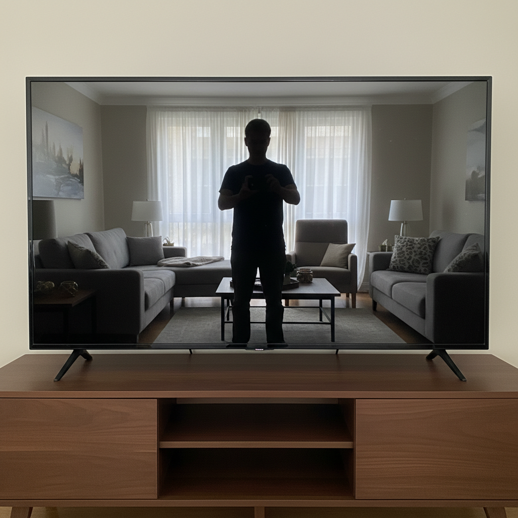 TV with reflection showing room and photographer on screen