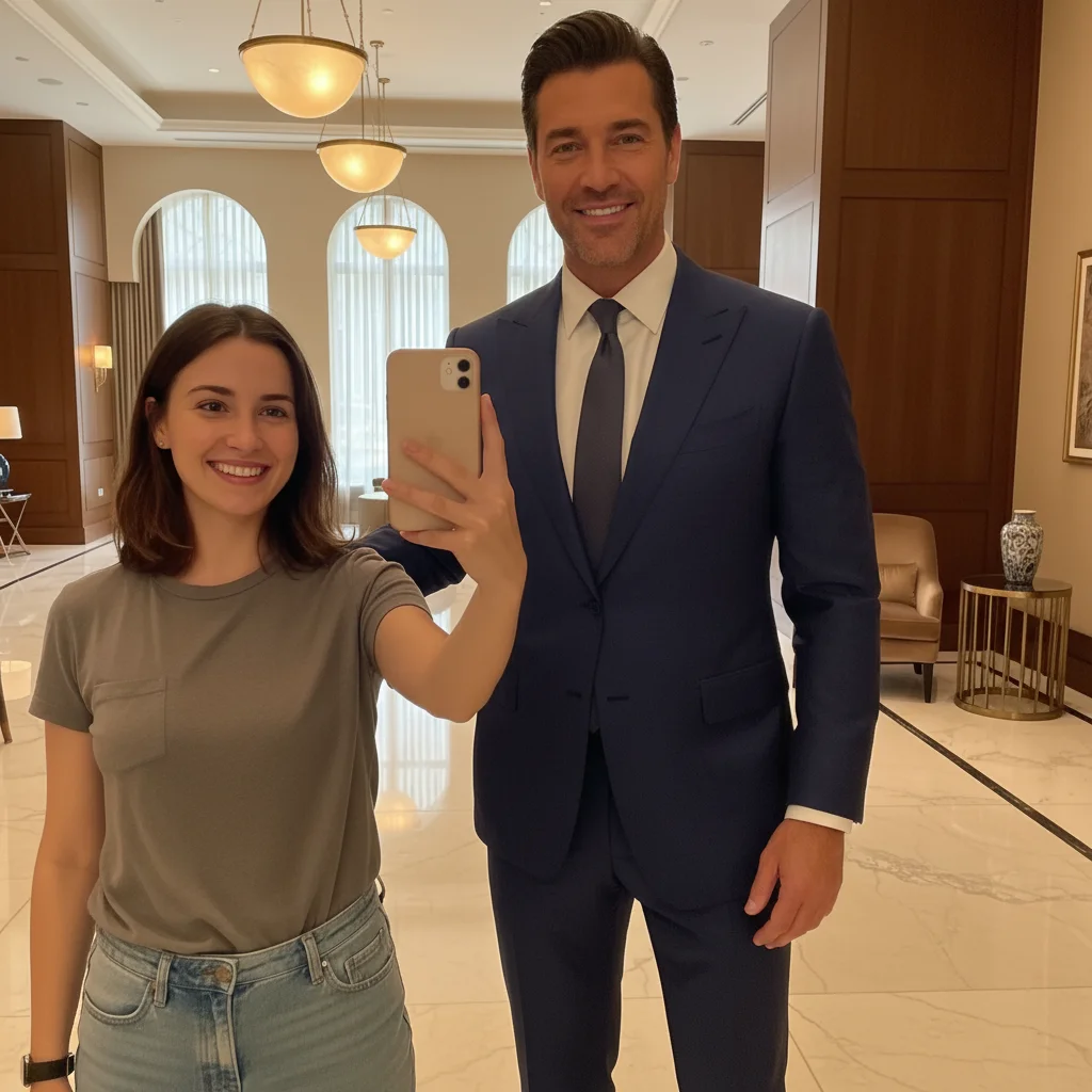 Same selfie with a tall, suited famous-looking man added beside the person