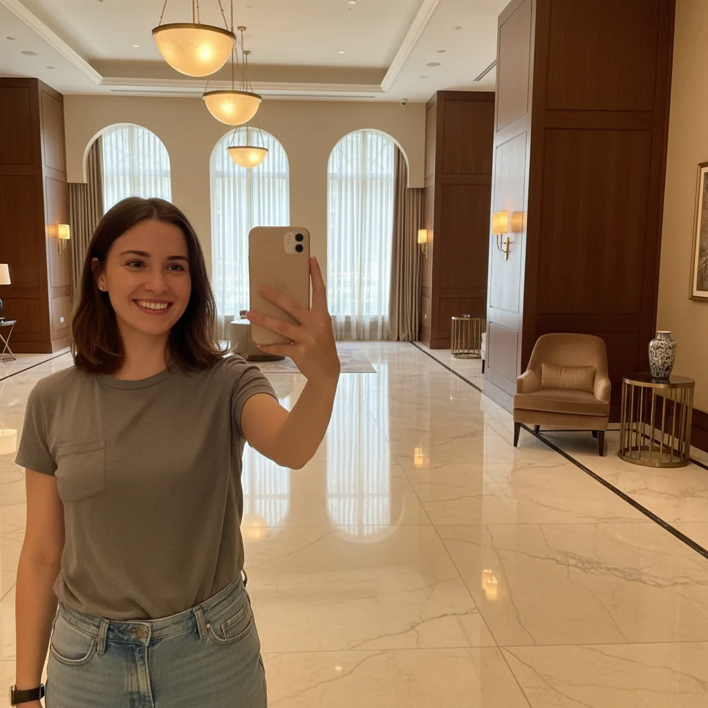 Solo selfie in a hotel lobby before the celebrity prank edit