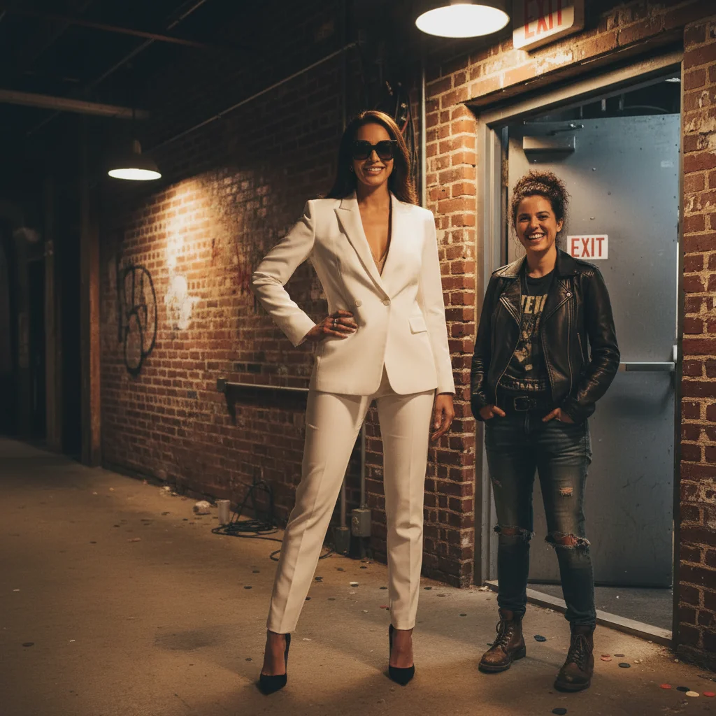 Same photo with a glamorous famous-looking woman added beside them