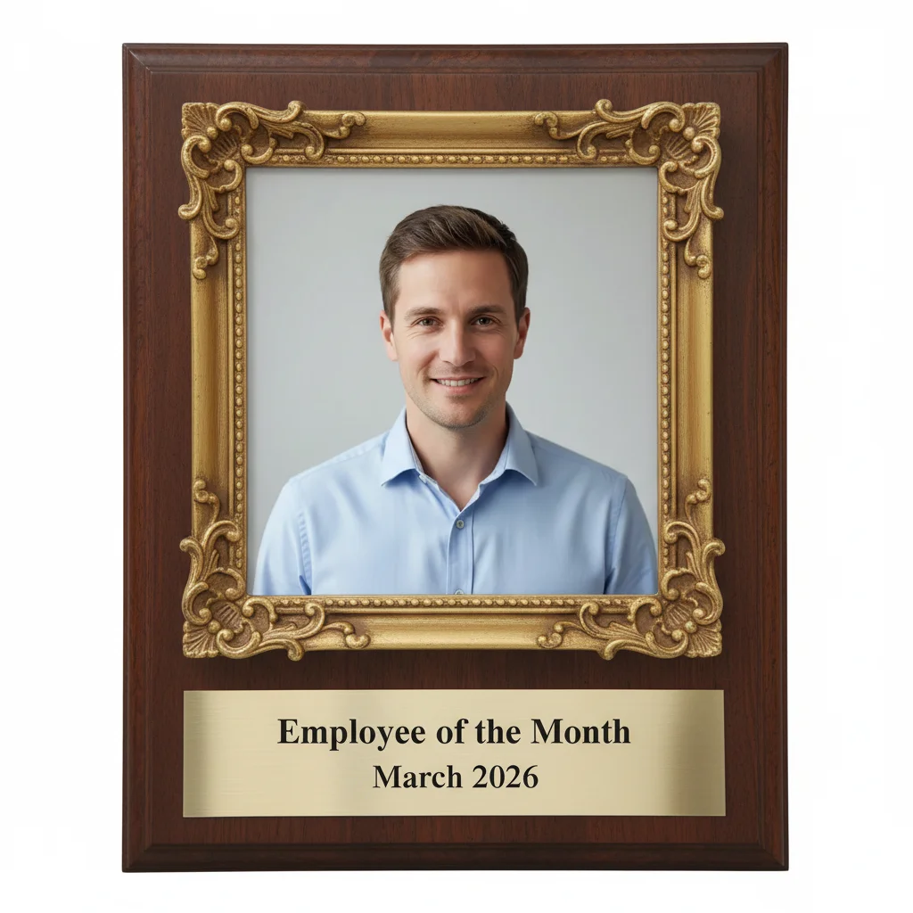 The same man's photo framed as an official employee of the month plaque with gold ornate frame and brass nameplate