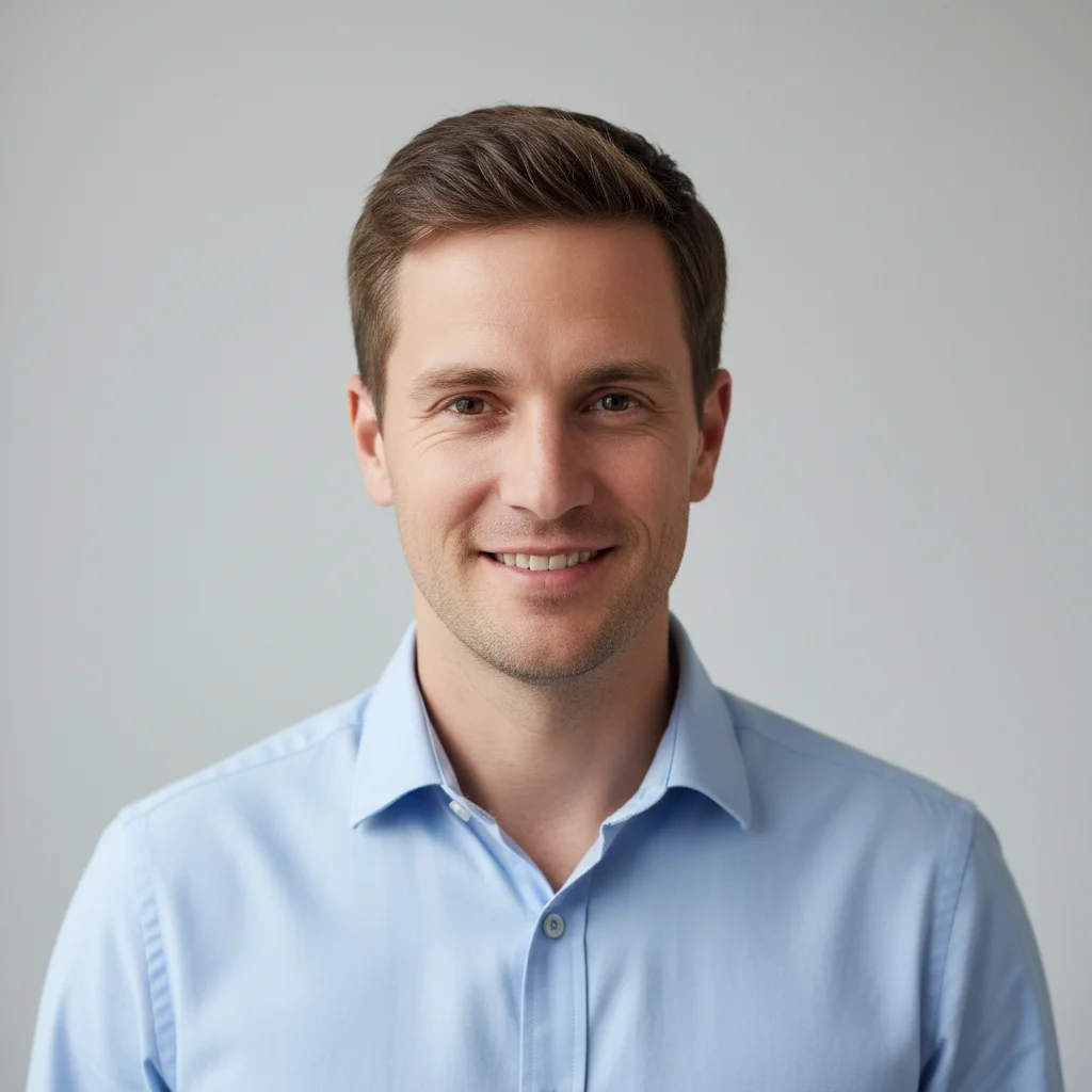 Standard headshot of a man in a light blue shirt against a grey background