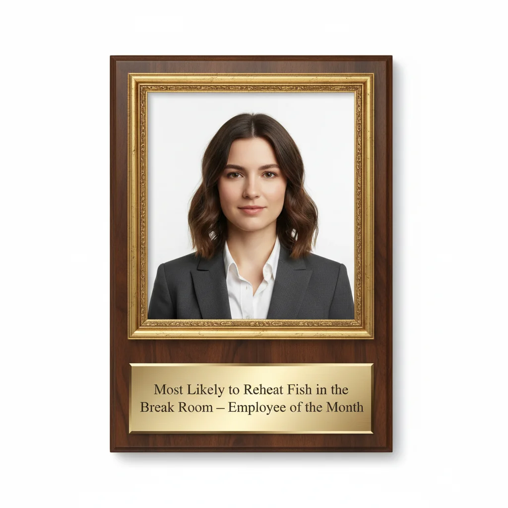 Same headshot turned into an official-looking employee of the month plaque with gold frame and absurd engraved nameplate
