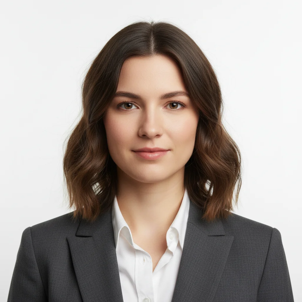 Woman in grey blazer, standard professional headshot against white background