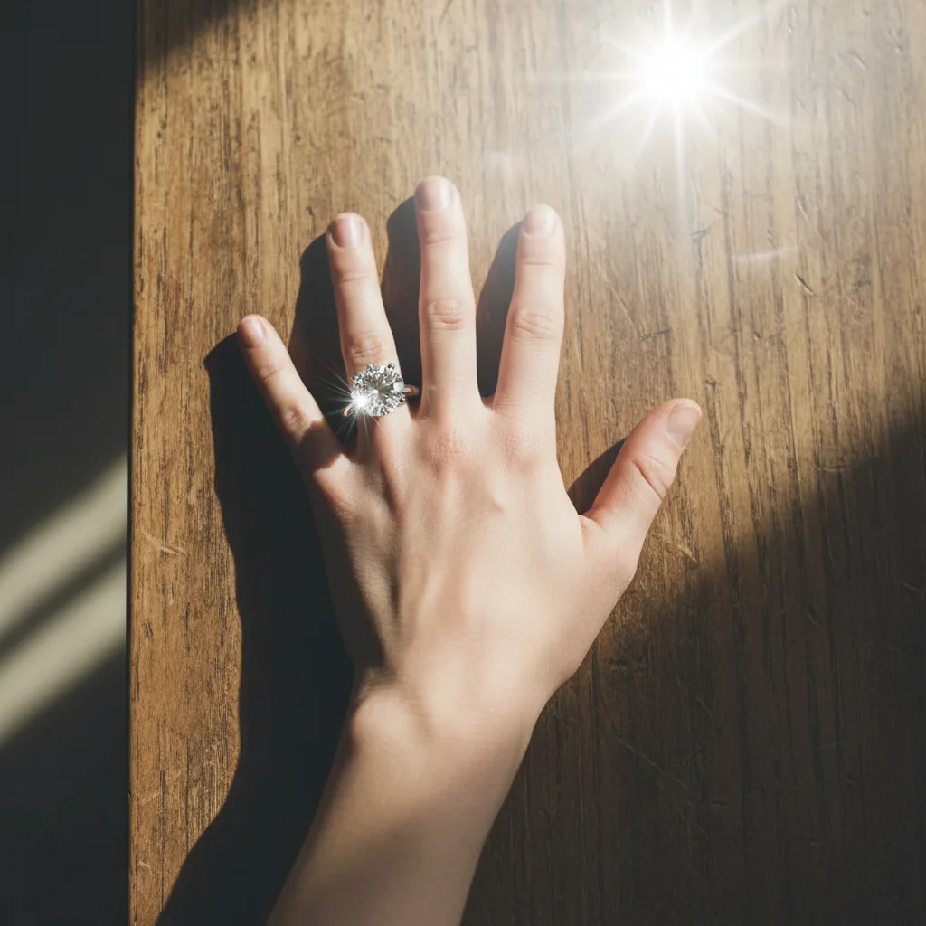 Same hand with a large sparkling diamond solitaire engagement ring on the ring finger