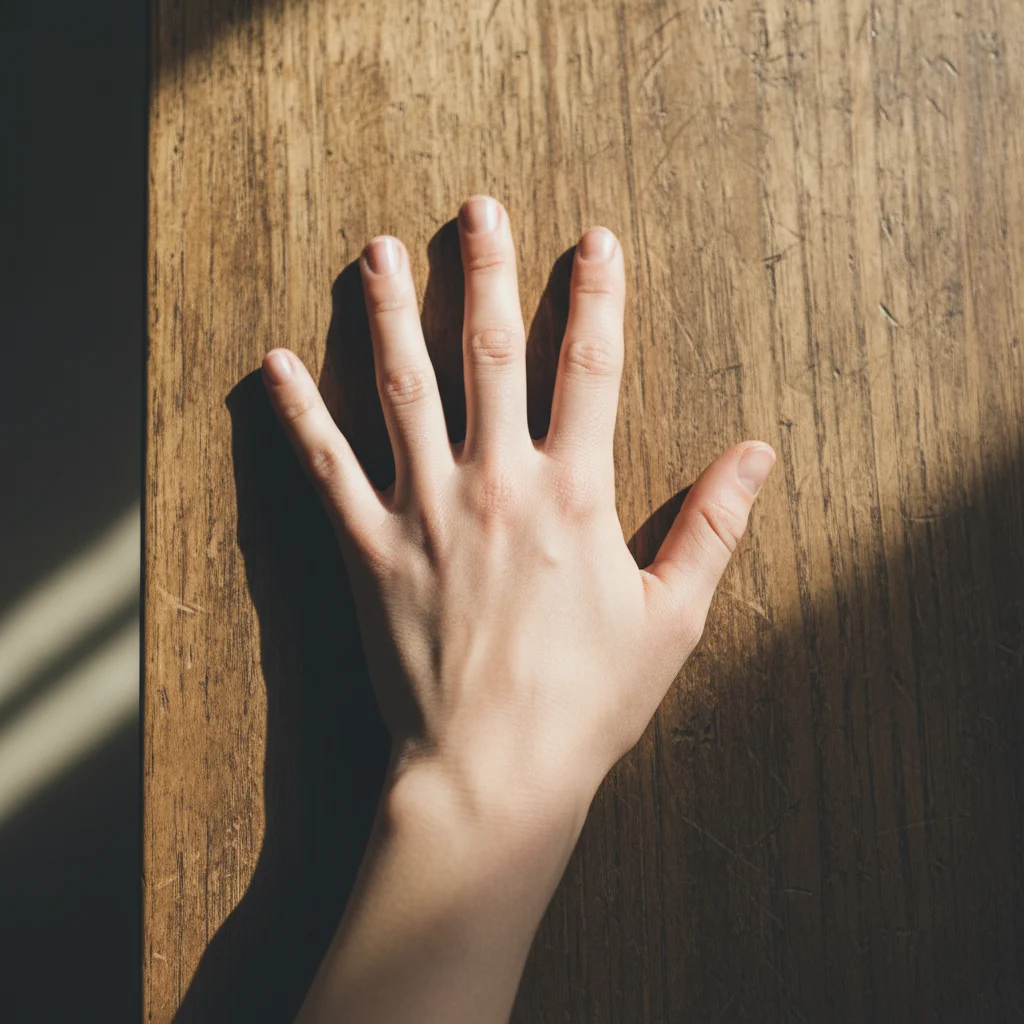 Woman's bare left hand resting on a wooden table, no rings