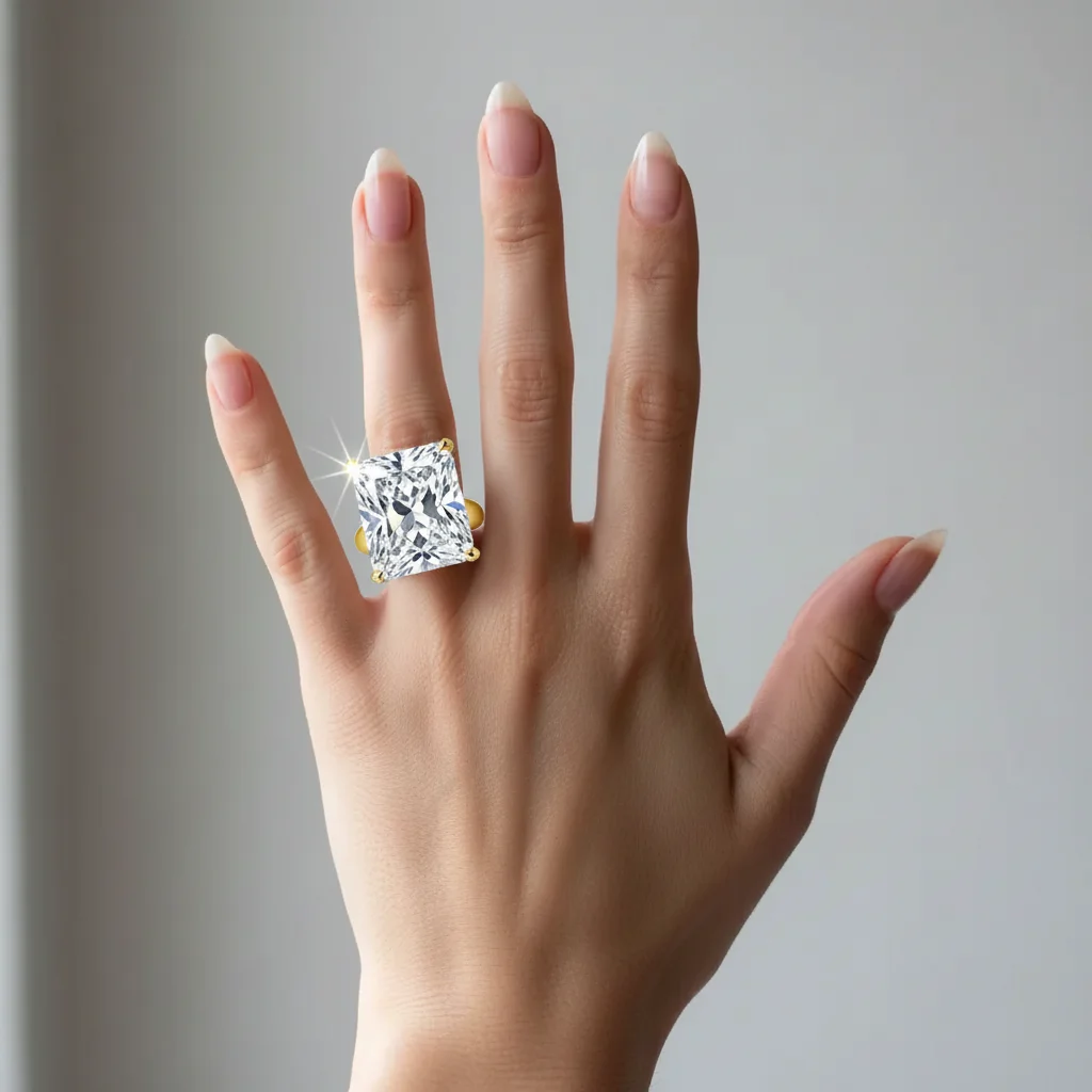 Same hand with an oversized princess-cut diamond ring on the ring finger