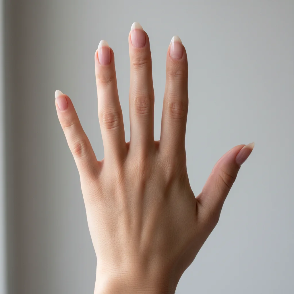 Woman's bare left hand held up against a light background, no rings