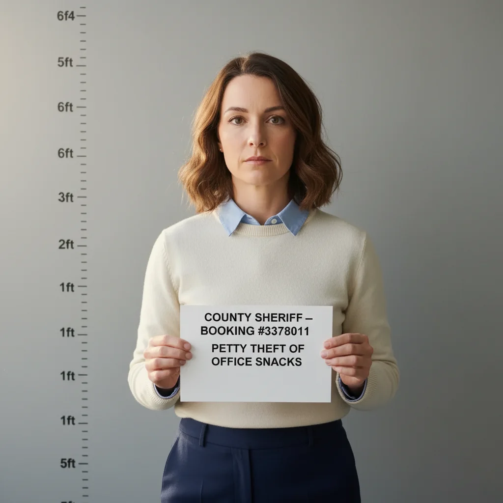 Same person transformed into a realistic police mugshot with height chart and booking number placard