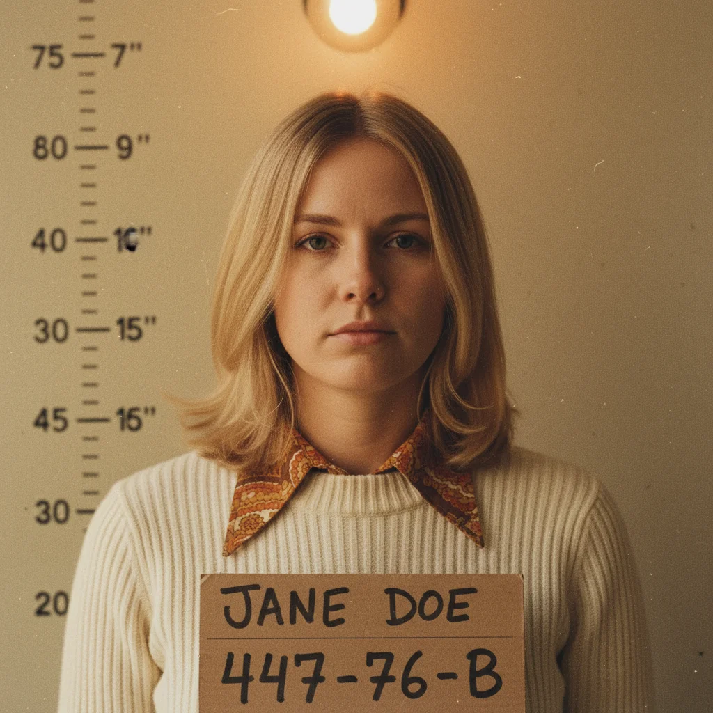 Person transformed into a grainy 1970s-style vintage police mugshot with handwritten placard and yellow institutional wall