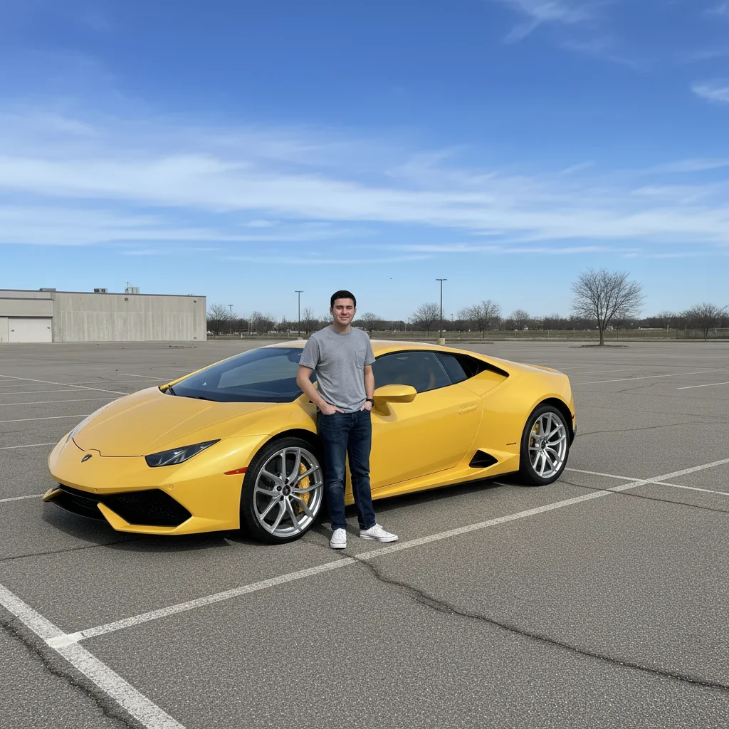 Same person now standing next to a gleaming yellow Lamborghini Huracán in perfect condition